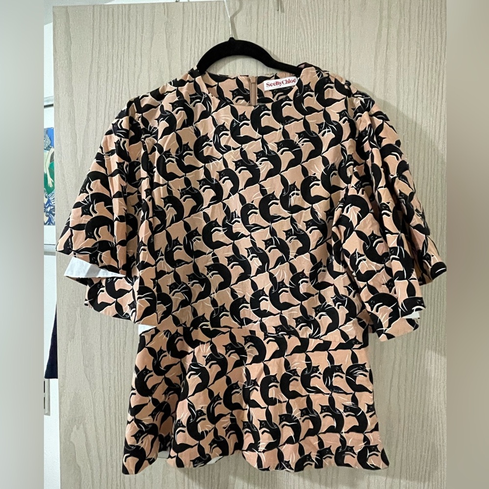 See By Chloe Black and pink fox tessellation blouse